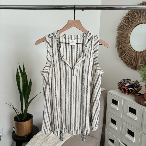 Knox Rose Tops - Knox Rose Cream Black Boho Striped Raw Hem Sleeveless Blouse Tank Top Small